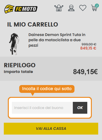 Dove inserire il codice sconto Fc-moto