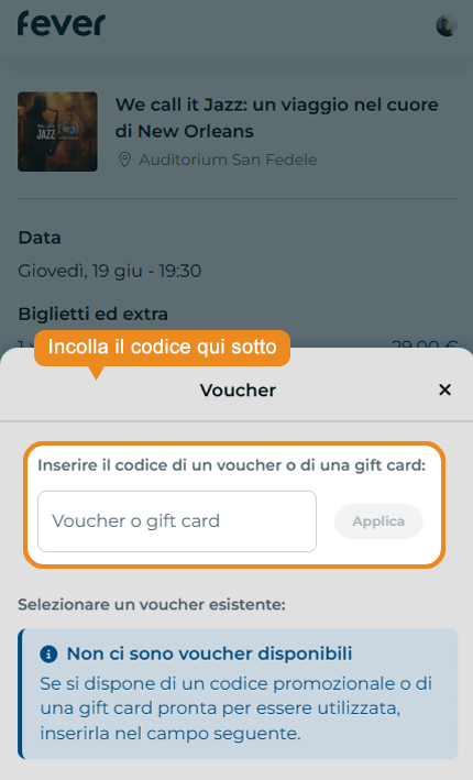Dove inserire il codice sconto Fever