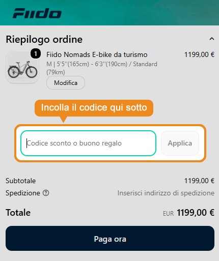 Dove inserire il codice sconto Fiido