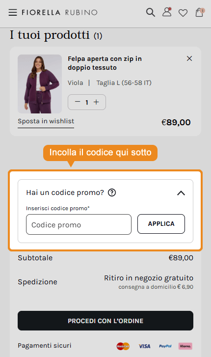 Dove inserire il codice sconto Fiorella Rubino