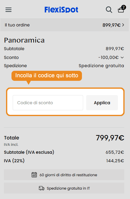 Dove inserire il codice sconto FlexiSpot