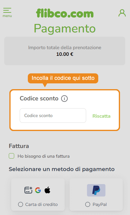 Dove inserire il codice sconto Flibco