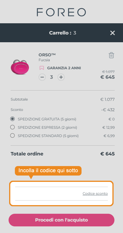 Dove inserire il codice sconto Foreo