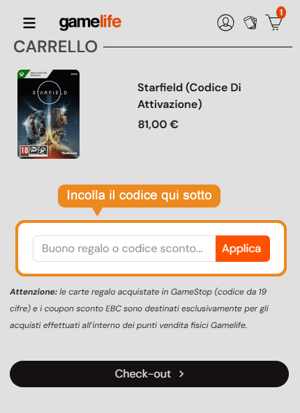 Dove inserire il codice sconto Gamelife