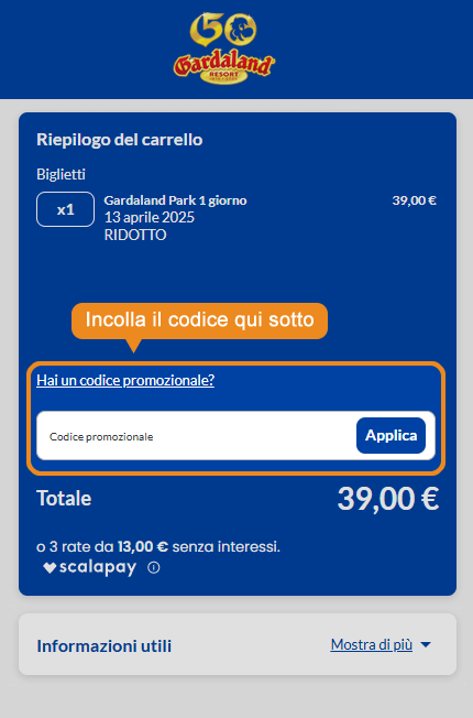 Dove inserire il codice sconto Gardaland