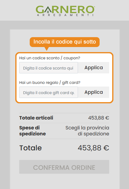 Dove inserire il codice sconto Garnero Arredamenti