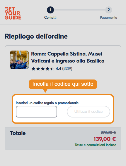 Dove inserire il codice sconto Get Your Guide