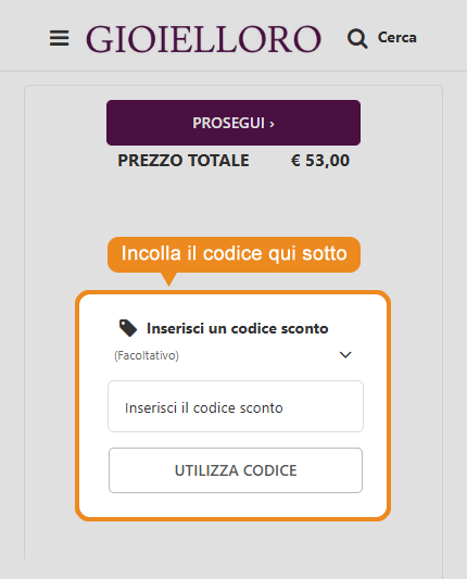 Dove inserire il codice sconto Gioielloro