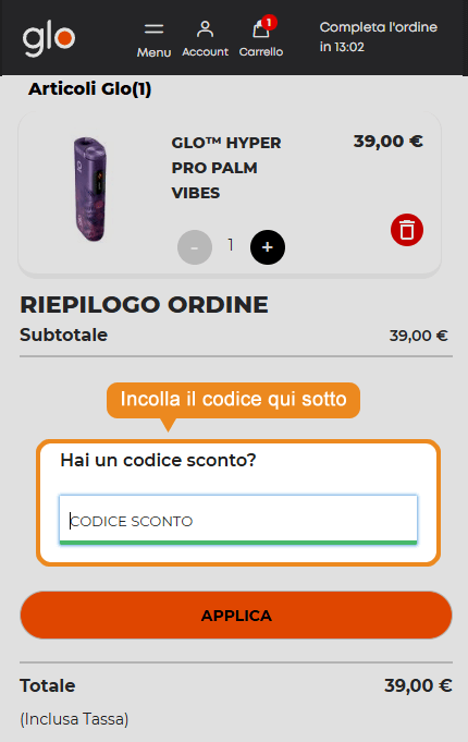 Dove inserire il codice sconto Glo