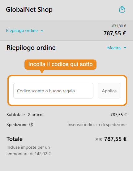 Dove inserire il codice sconto Global Net