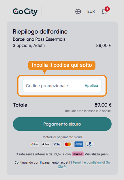 Dove inserire il codice sconto Go City
