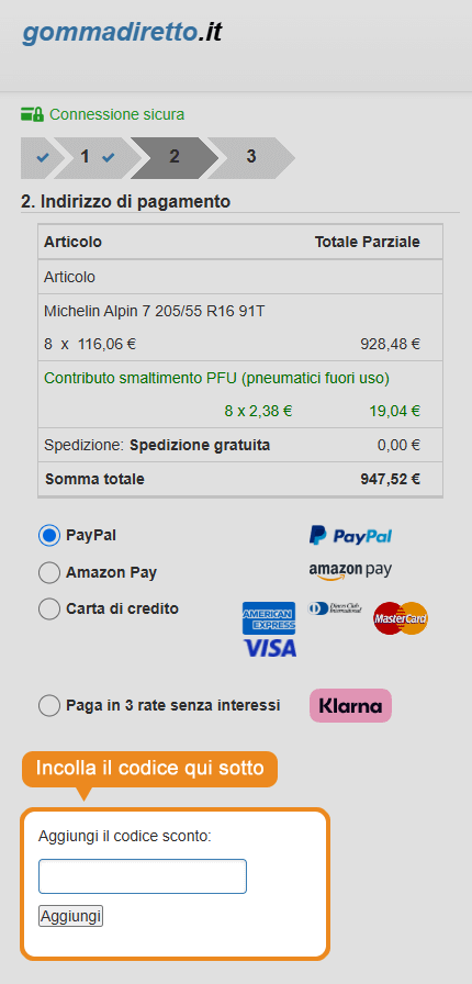 Dove inserire il codice sconto Gommadiretto