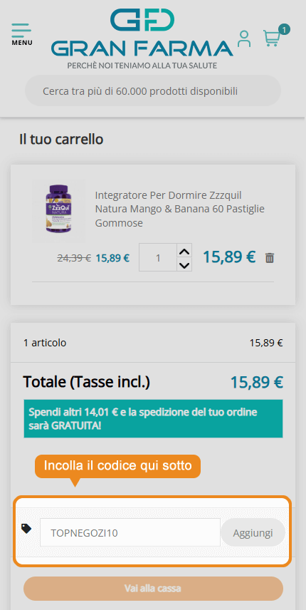 Dove inserire il codice sconto Granfarma