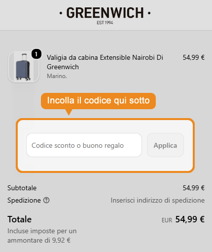 Dove inserire il codice sconto Greenwich