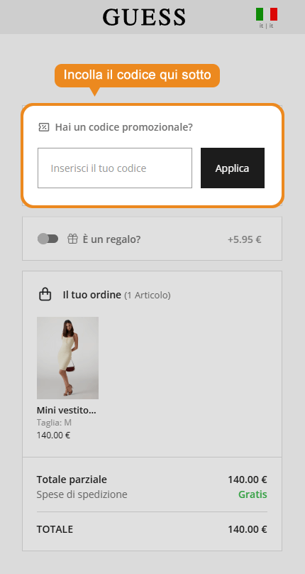 Dove inserire il codice sconto Guess