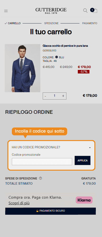 Dove inserire il codice sconto Gutteridge