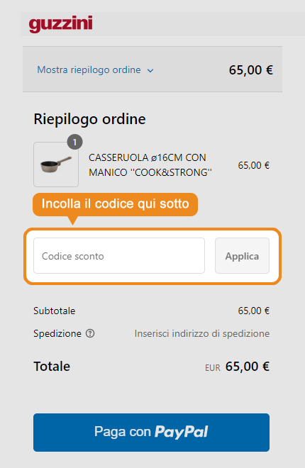 Dove inserire il codice sconto Guzzini