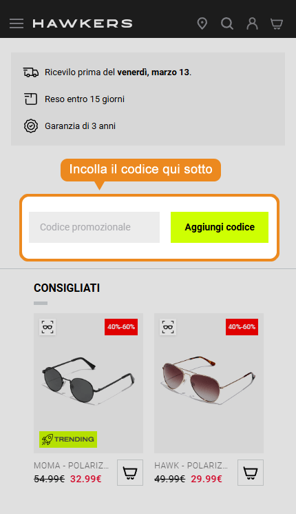 Dove inserire il codice sconto Hawkers