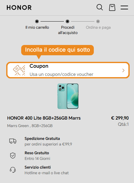 Dove inserire il codice sconto Honor