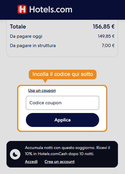 Dove inserire il codice sconto Hotels.com