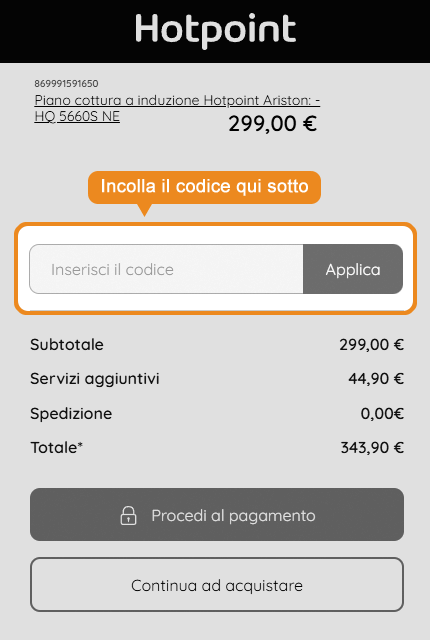 Dove inserire il codice sconto Hotpoint