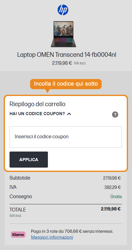 Dove inserire il codice sconto HP