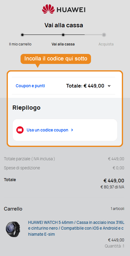 Dove inserire il codice sconto Huawei