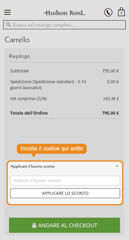 Dove inserire il codice sconto Hudson Reed