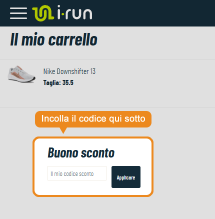 Dove inserire il codice sconto i-Run