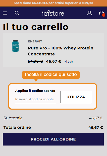 Dove inserire il codice sconto IAFstore