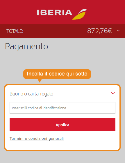 Dove inserire il codice sconto Iberia