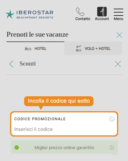 Dove inserire il codice sconto IberoStar