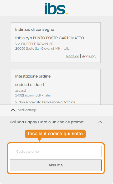 Dove inserire il codice sconto IBS