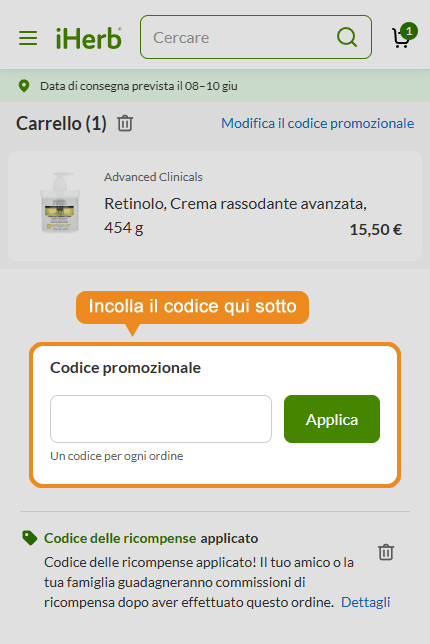 Dove inserire il codice sconto iHerb