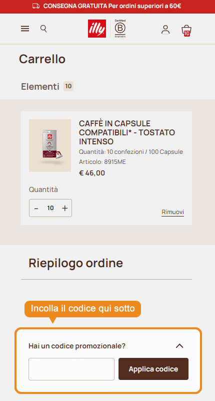 Dove inserire il codice sconto Illy