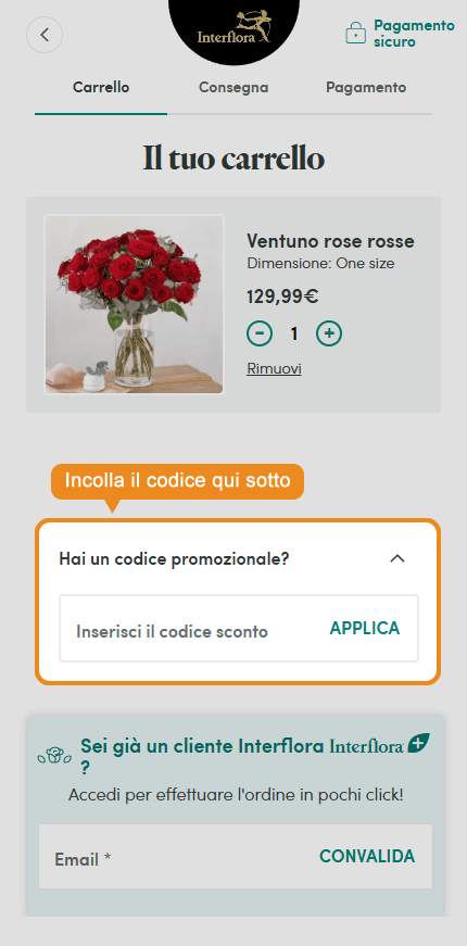 Dove inserire il codice sconto Interflora