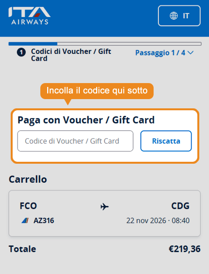 Dove inserire il codice sconto ITA Airways