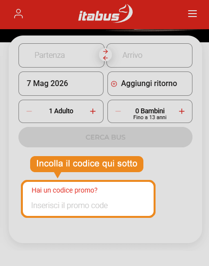 Dove inserire il codice sconto Itabus