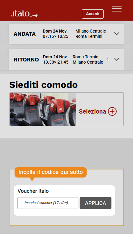 Dove inserire il codice sconto Italo