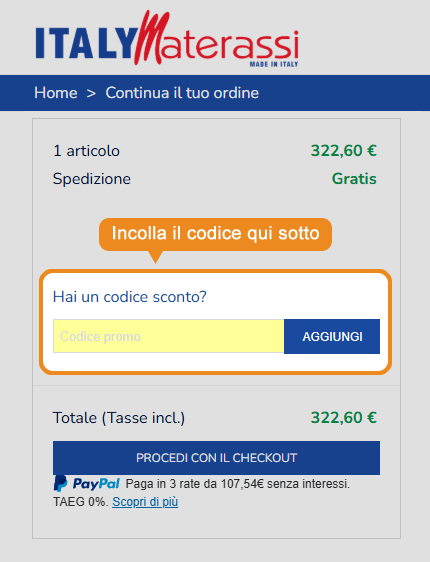 Dove inserire il codice sconto ItalyMaterassi
