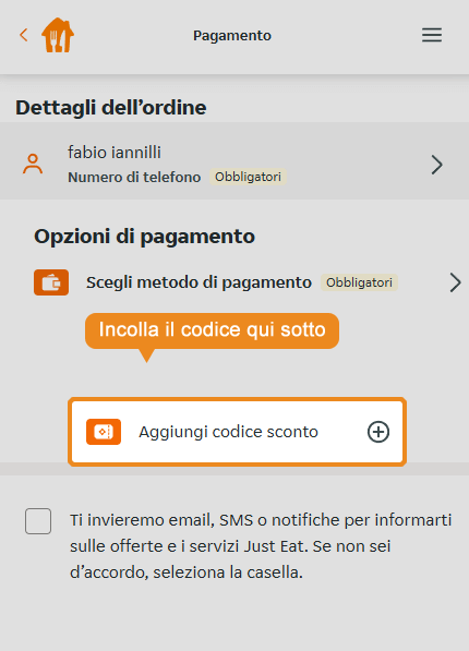 Dove inserire il codice sconto Just Eat