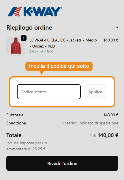 Dove inserire il codice sconto K-Way