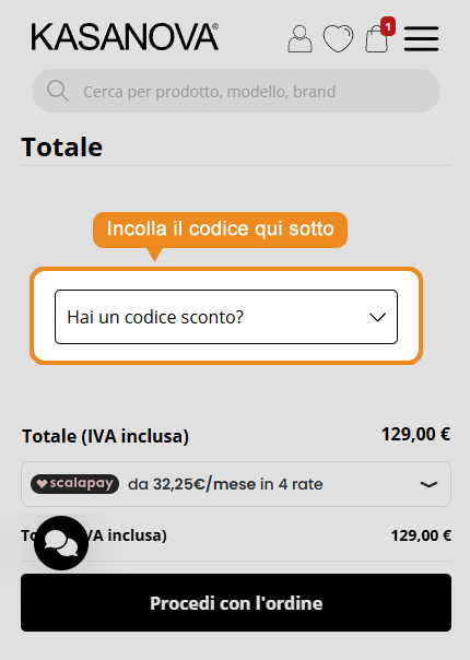 Dove inserire il codice sconto Kasanova