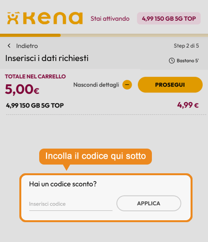 Dove inserire il codice sconto Kena Mobile