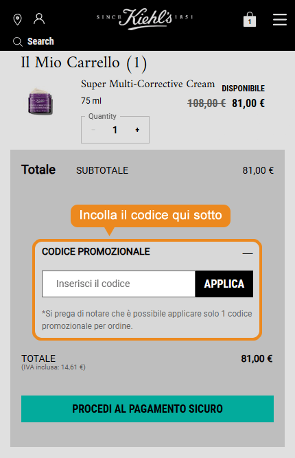 Dove inserire il codice sconto Kiehl's