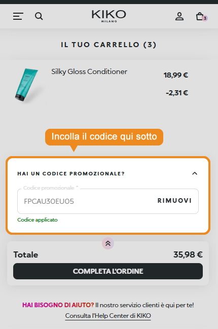 Dove inserire il codice sconto KIKO