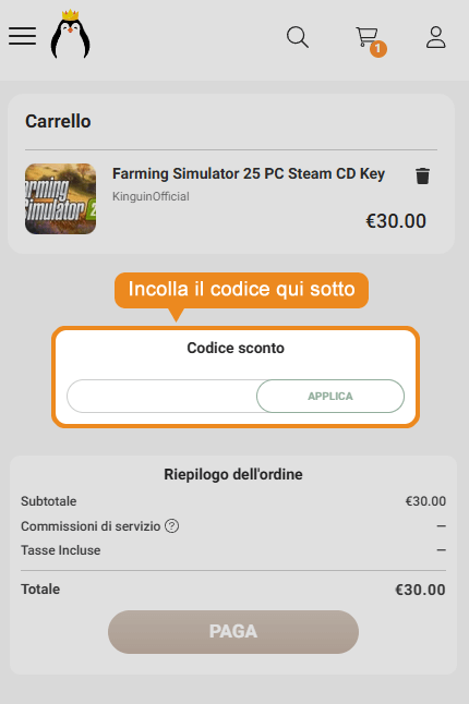 Dove inserire il codice sconto Kinguin