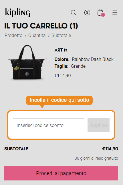 Dove inserire il codice sconto Kipling