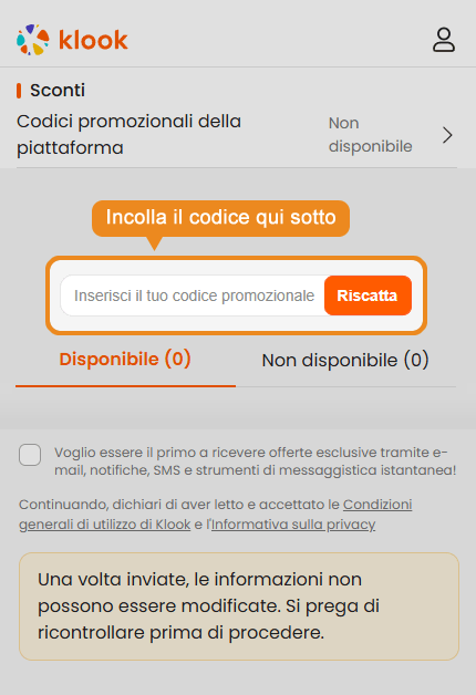 Dove inserire il codice sconto Klook