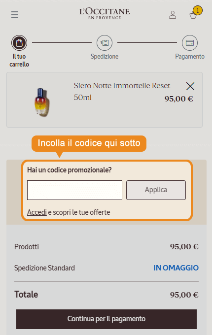 Dove inserire il codice sconto L'Occitane